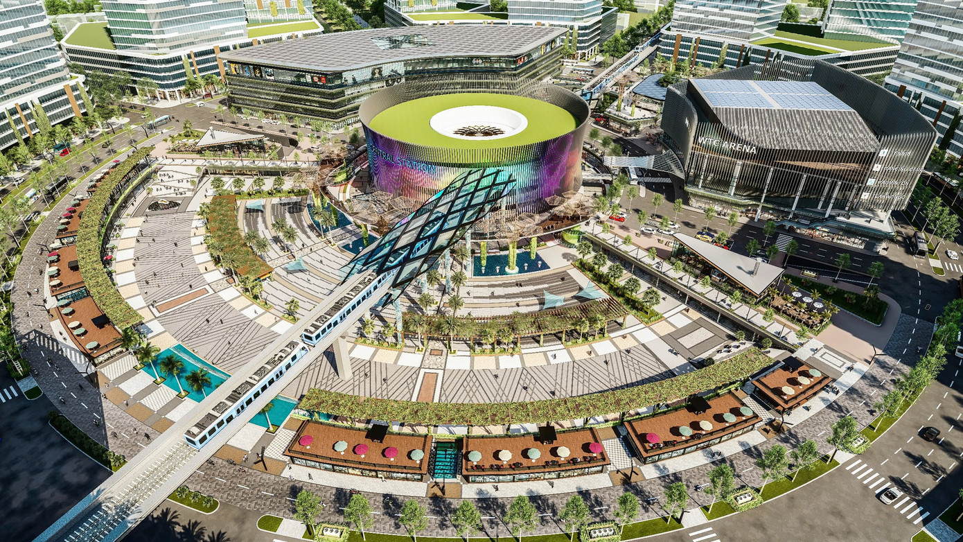 Phối cảnh Nhà ga metro sẽ được xây ở Trung tâm thương mại dịch vụ vòng xoay A1 rộng 7 ha tại thành phố mới Bình Dương do Tổng công ty Becamex IDC đầu tư, kết nối tuyến metro đến Suối Tiên, TP HCM.