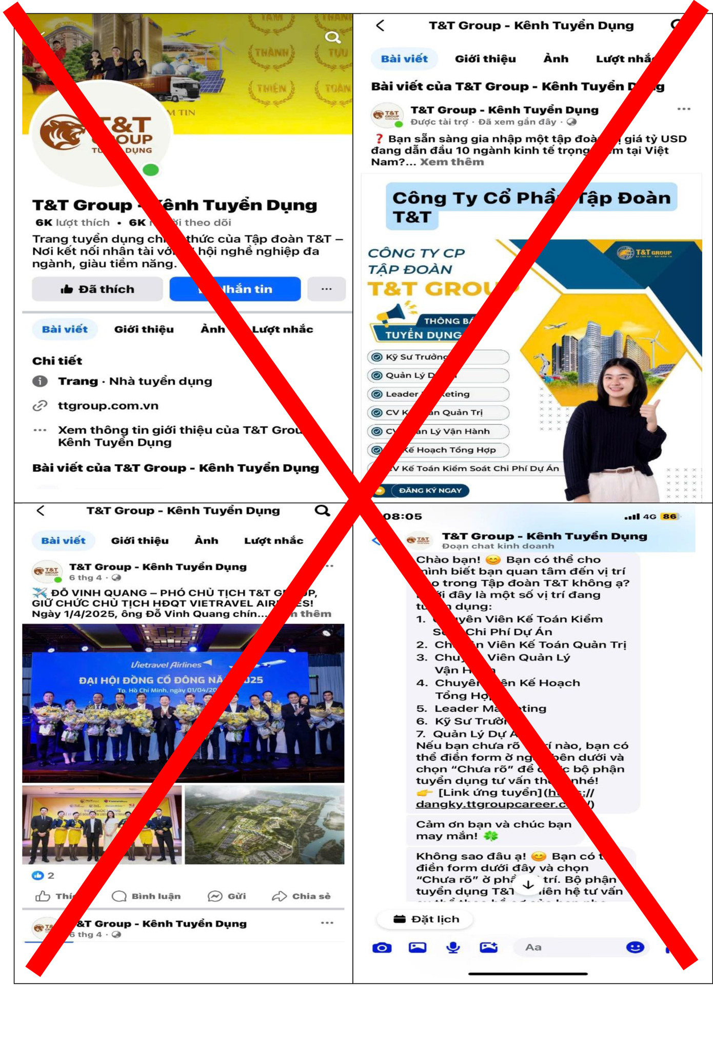 Trang fanpage “T&T group – Kênh tuyển dụng” mạo danh T&T Group trên mạng xã hội để lừa đảo, chiếm đoạt tài sản Trang fanpage “T&T group – Kênh tuyển dụng” mạo danh T&T Group trên mạng xã hội để lừa đảo, chiếm đoạt tài sản