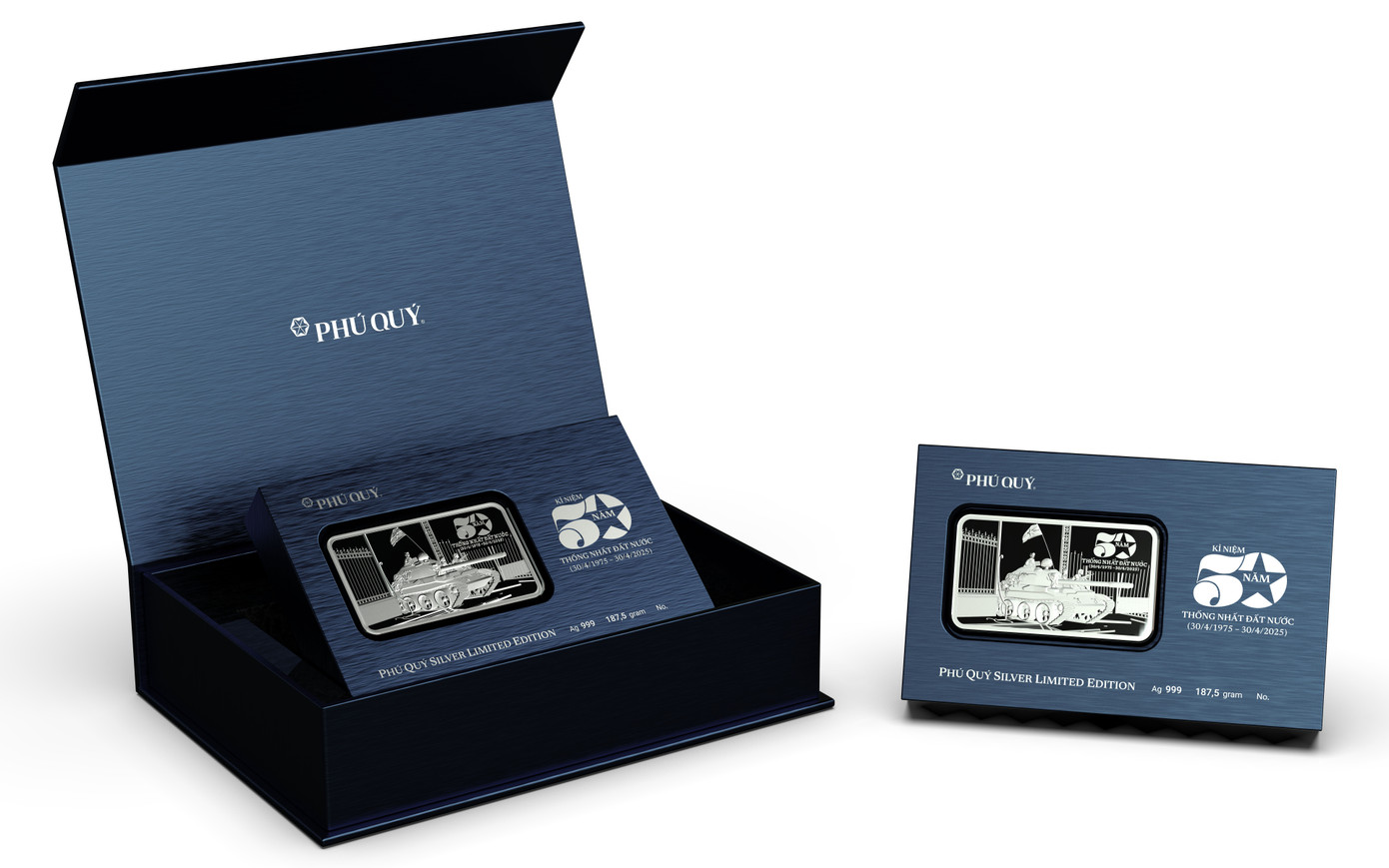 Sản phẩm bạc thỏi “50 năm thống nhất đất nước” được thiết kế công phu, sang trọng.