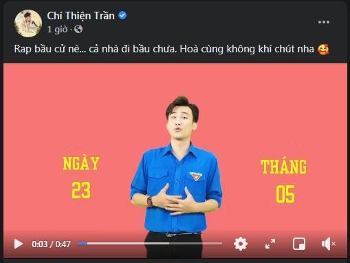 Hòa cùng không khí đi bầu cử của cả nước, ca sĩ Chí Thiện cũng gửi gắm tinh thần vào bài rap được chia sẻ trên trang cá nhân sáng nay.