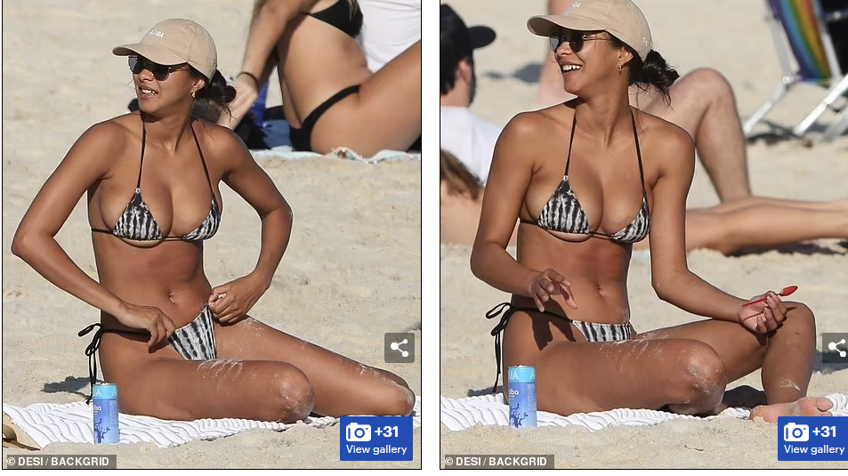 Lais Ribeiro cũng gây chao đảo với bộ bikini họa tiết đen trắng nhỏ xíu trên bãi biển ngày hôm qua.