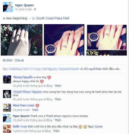 Ngọc Quyên đăng ảnh đeo nhẫn đính hôn lên Facebook. . Ngọc Quyên đăng ảnh đeo nhẫn đính hôn lên Facebook.