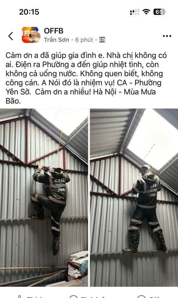 Câu chuyện chiến sĩ hỗ trợ người dân ứng phó bão được chia sẻ trên mạng xã hội. Câu chuyện chiến sĩ hỗ trợ người dân ứng phó bão được chia sẻ trên mạng xã hội.