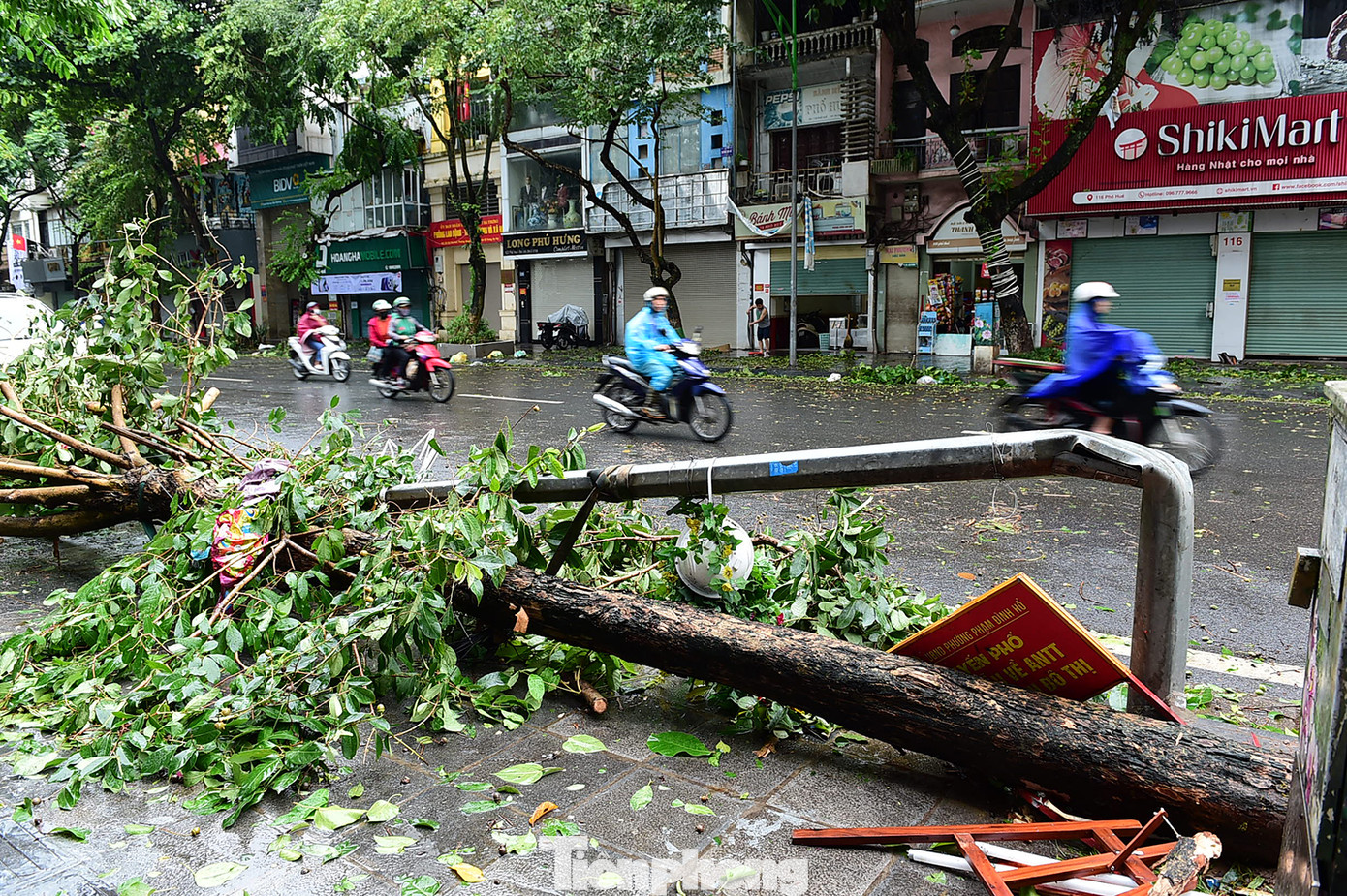 Nhiều cột điện trên phố bị gãy đổ. Nhiều cột điện trên phố bị gãy đổ.