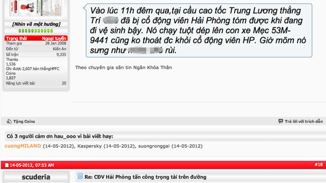 Những lời lăng mạ và tiếc rẻ không đánh trọng tài Võ Minh Trí nặng hơn trên diễn đàn Hội CĐV Hải Phòng.. Những lời lăng mạ và tiếc rẻ không đánh trọng tài Võ Minh Trí nặng hơn trên diễn đàn Hội CĐV Hải Phòng.