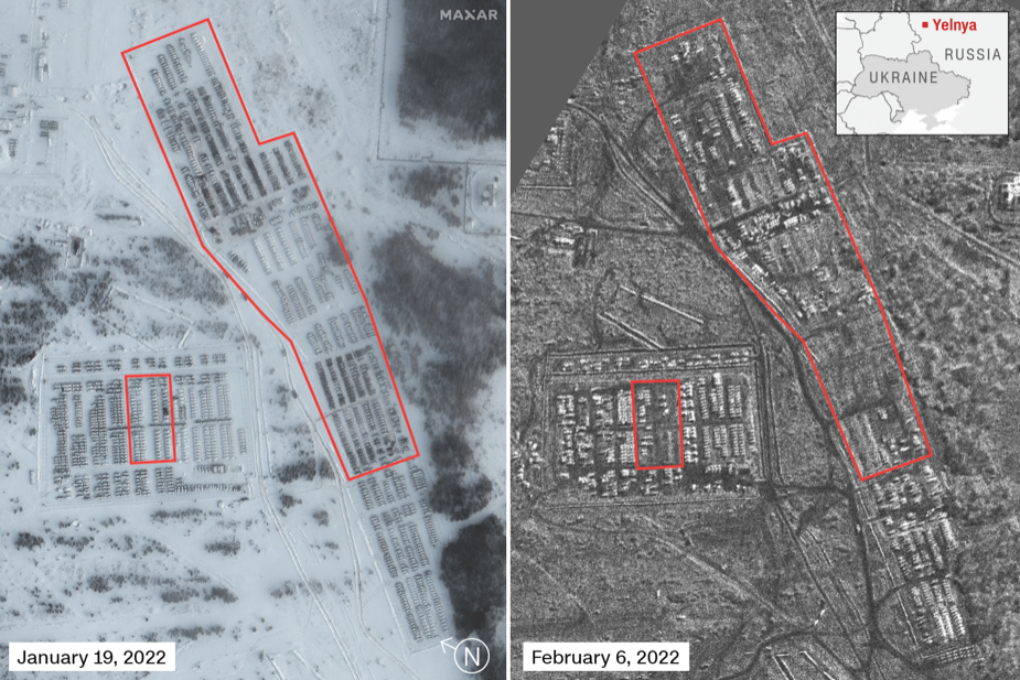 Hai bức ảnh vệ tinh mà hãng Maxar của Mỹ công bố về việc tập hợp lực lượng của Nga ở khu vực gần biên giới Ukraine