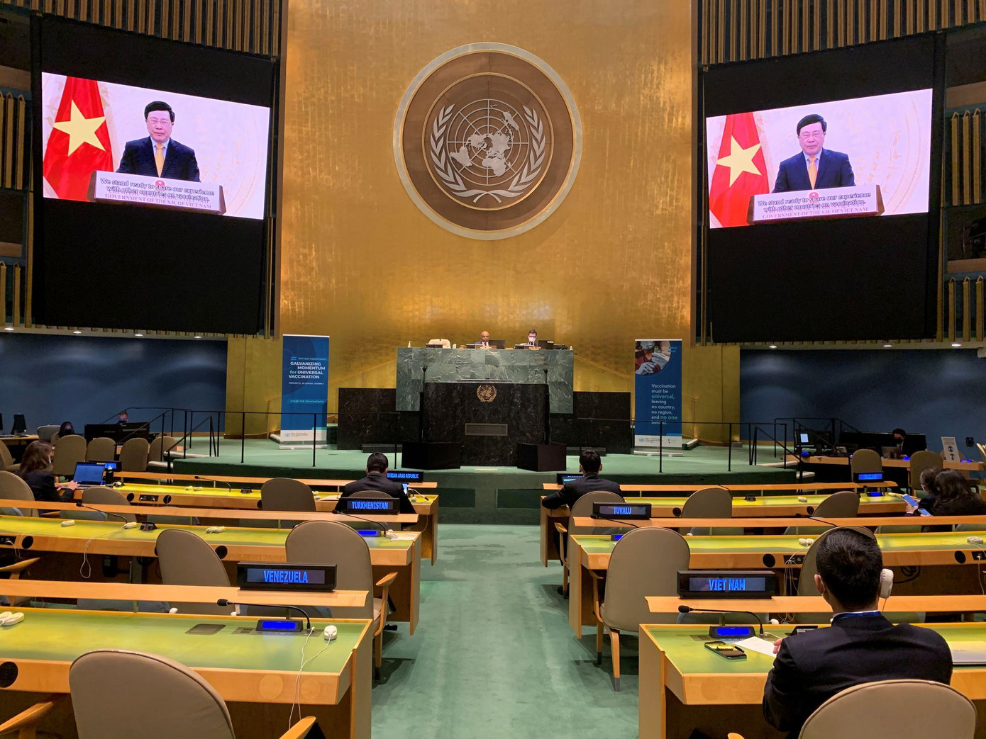 Phó Thủ tướng Phạm Bình Minh phát biểu tại cuộc họp của Đại hội đồng Liên Hợp Quốc bằng hình thức ghi hình. (Ảnh: Mofa)
