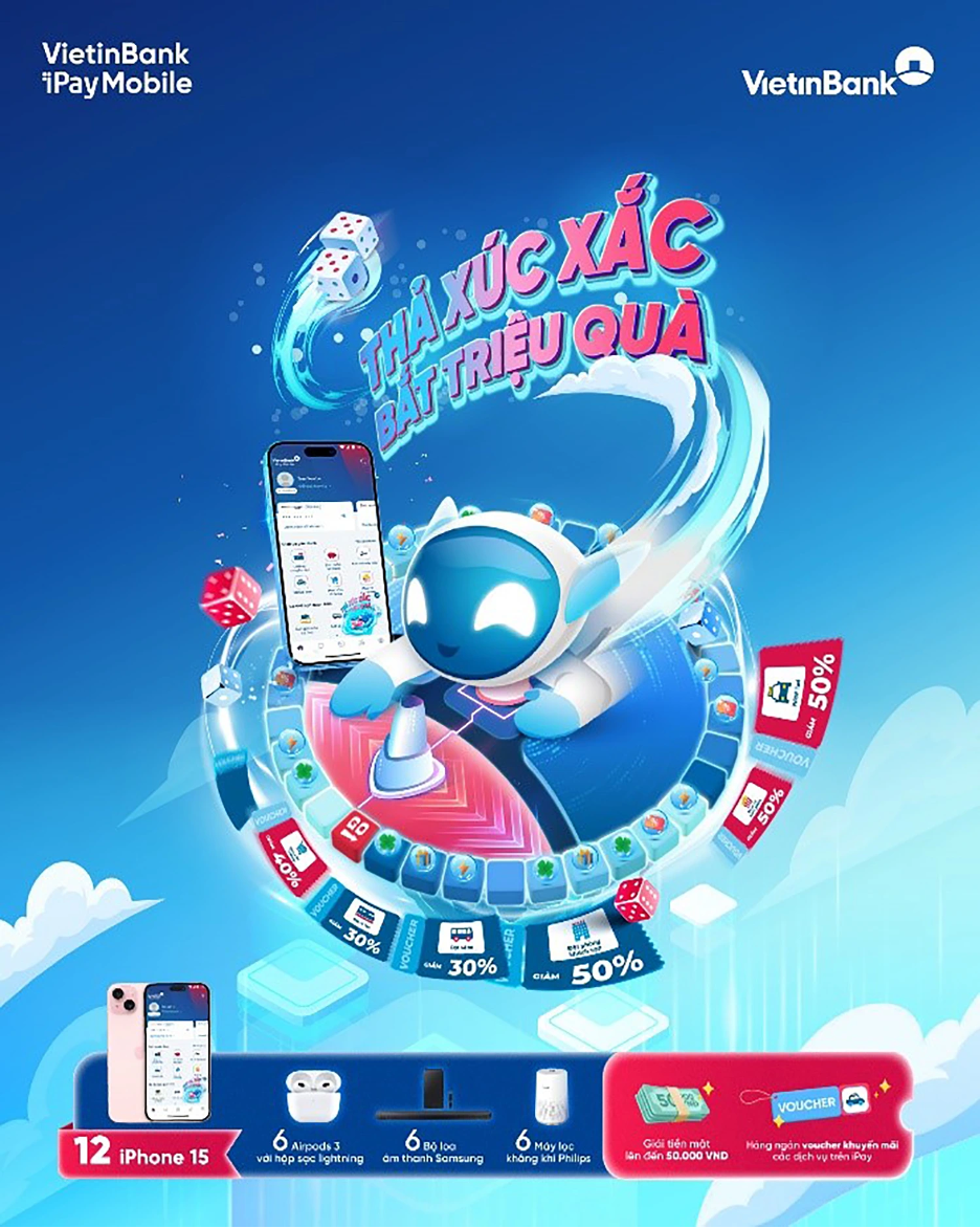 Cơ hội trúng iPhone 15, AirPods 3, bộ loa Samsung… miễn phí cùng hàng ngàn phần thưởng có giá trị trên VietinBank iPay Mobile.