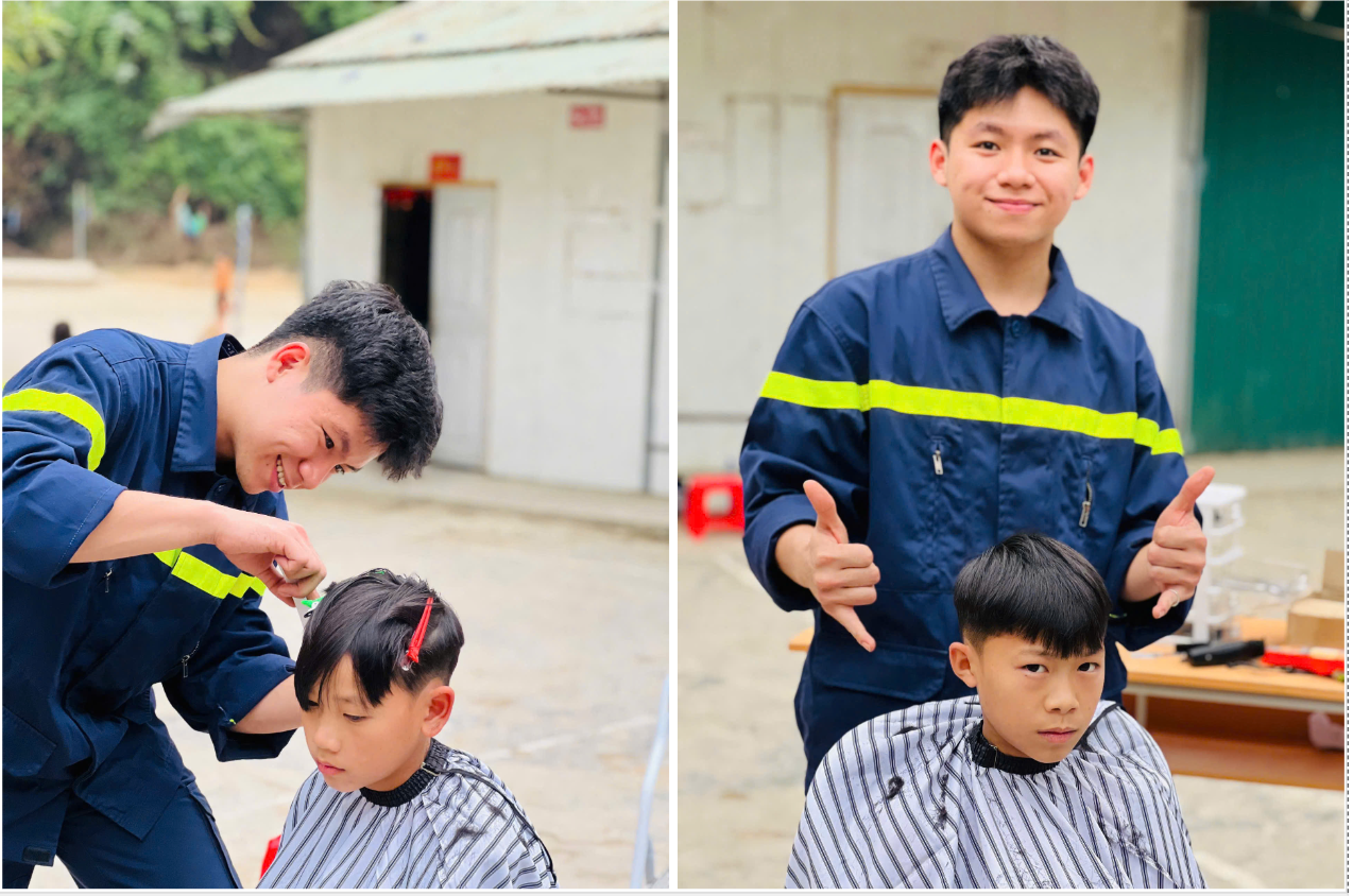 Bạn Nguyễn Gia Cường - lớp D37B là một trong 2 thợ cắt tóc trong đội “Cắt tóc thanh niên” của trường.