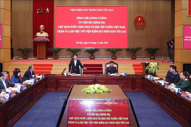 Sáng 3/12/2024, tại Hà Nội, Chủ tịch nước Lương Cường, Trưởng ban Chỉ đạo cải cách Tư pháp Trung ương và đoàn công tác Trung ương đã có cuộc làm việc với Viện Kiểm sát nhân dân tối cao. Ảnh: Lâm Khánh/TTXVN. Sáng 3/12/2024, tại Hà Nội, Chủ tịch nước Lương Cường, Trưởng ban Chỉ đạo cải cách Tư pháp Trung ương và đoàn công tác Trung ương đã có cuộc làm việc với Viện Kiểm sát nhân dân tối cao. Ảnh: Lâm Khánh/TTXVN.