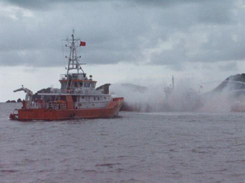 Tàu Vân Đình đang bị cháy giữa biển phát tín hiệu cấp cứu. Xuồng cứu nạn từ tàu SAR 411 được thả xuống tiếp cận tàu Vân Đình để cấp cứu những thuyền viên bị thương Tàu SAR 273 dùng hệ thống vòi rồng chữa cháy tàu Vân Đình Hai tàu SAR 411 và SAR 273 phối hợp cứu tàu Vân Đình Các thuyền viên bị trôi dạt Sau dập tắt đám cháy cứu tàu Vân Đình; thả xuồng cứu sinh xuống để cứu các thuyền viên Các cán bộ, chuyên viên của Trung tâm TKCN trên biển đang chỉ huy các phương án cứu hộ.