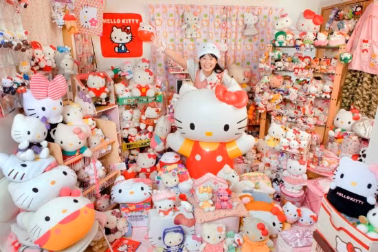 Cô Asako Kanda cùng với bộ sưu tập mèo bông Hello Kitty Cô Asako Kanda cùng với bộ sưu tập mèo bông Hello Kitty của mình