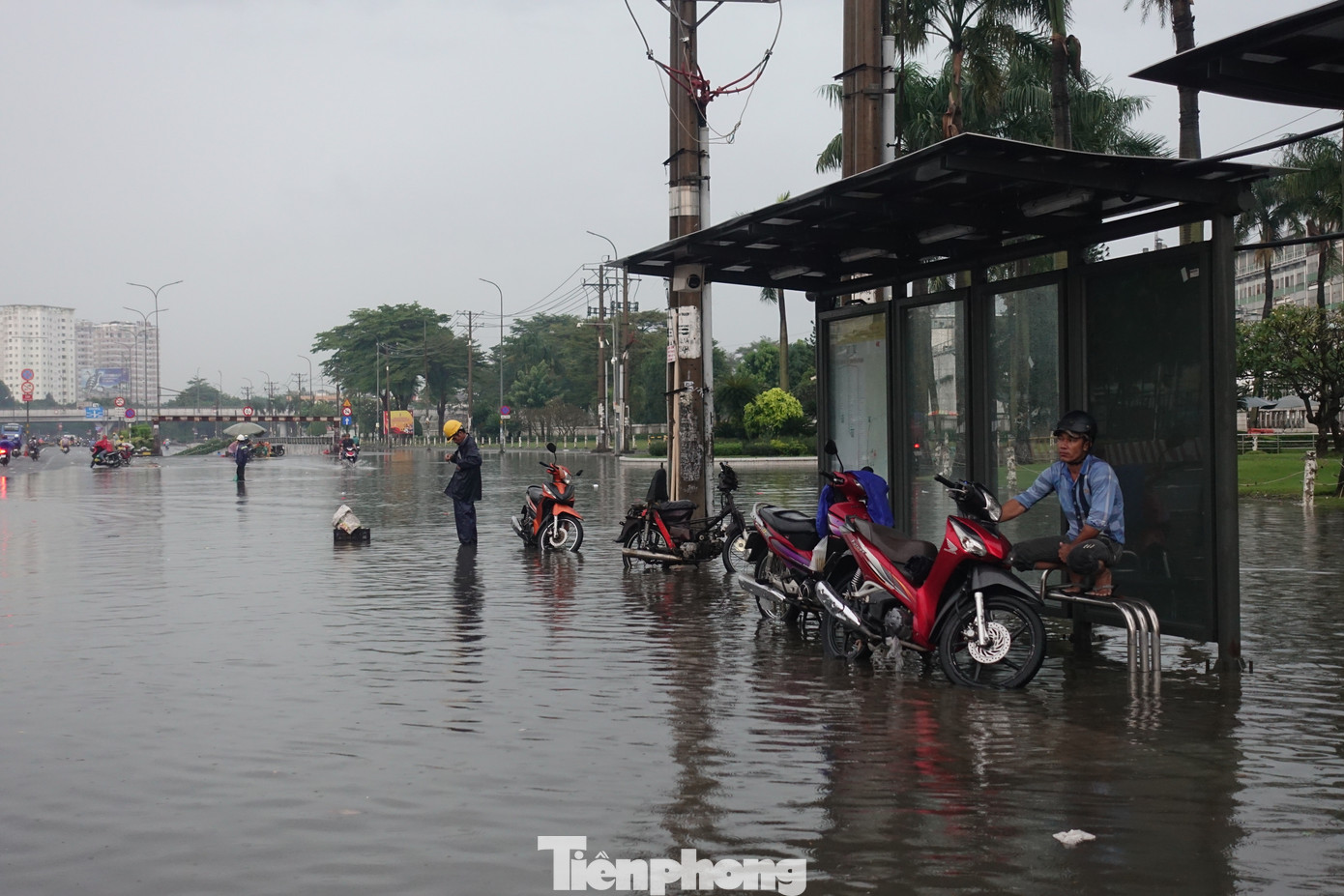 Quốc lộ 1 (đoạn trước khu công nghiệp Pouyuen, quận Bình Tân) ngập mênh mông.