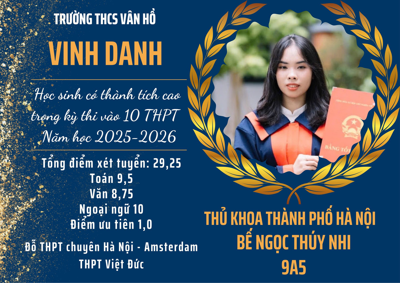 Bế Ngọc Thúy Nhi, học sinh lớp 9A5 đã trở thành thủ khoa khối không chuyên với 29,25 điểm trong kỳ thi vào lớp 10 THPT năm 2025. Bế Ngọc Thúy Nhi, học sinh lớp 9A5 đã trở thành thủ khoa khối không chuyên với 29,25 điểm trong kỳ thi vào lớp 10 THPT năm 2025.