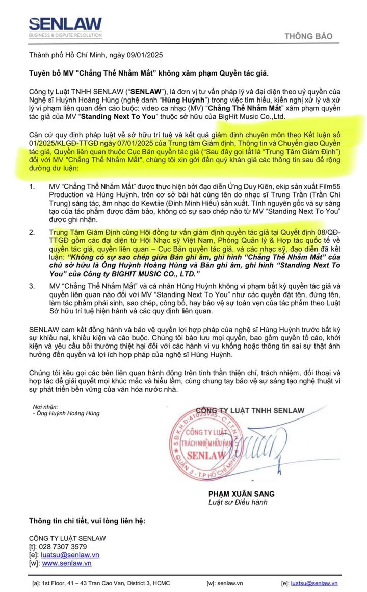 Tuyên bố của phía Hùng Huỳnh về ồn ào đạo nhái MV Standing Next To You của Jung Kook. Tuyên bố của phía Hùng Huỳnh về ồn ào đạo nhái MV Standing Next To You của Jung Kook.