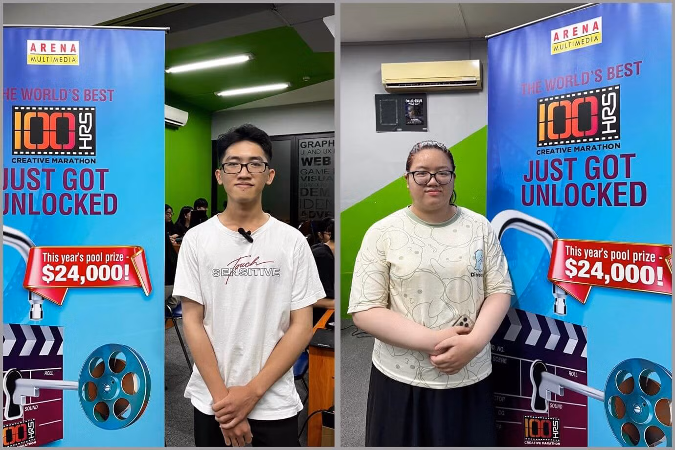 Khoa Nhân (trái) và Thanh Xuân (phải) - những đại diện thi 100HRS của Arena Multimedia Việt Nam.
