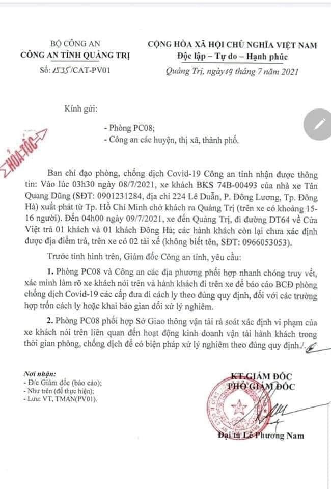 Công văn hỏa tốc của Công an tỉnh Quảng Trị gửi Phòng Cảnh sát giao thông tỉnh (PC08) và Công an các địa phương yêu cầu xác minh, làm rõ thông tin xe khách chở người từ TPHCM về địa phương song không tuân thủ các biện pháp phòng chống dịch COVID-19. Công văn hỏa tốc của Công an tỉnh Quảng Trị gửi Phòng Cảnh sát giao thông tỉnh (PC08) và Công an các địa phương yêu cầu xác minh, làm rõ thông tin xe khách chở người từ TPHCM về địa phương song không tuân thủ các biện pháp phòng chống dịch COVID-19.