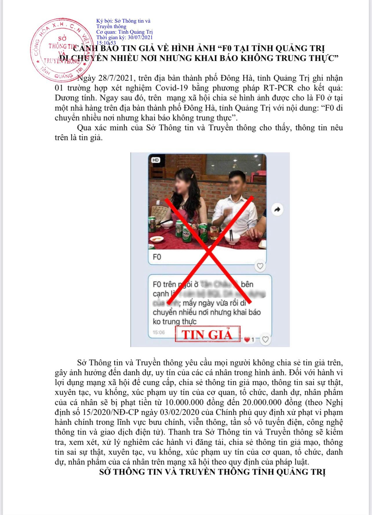 Thông tin “F0 Quảng Trị di chuyển nhiều nơi nhưng không khai báo trung thực” được xác định là tin giả.