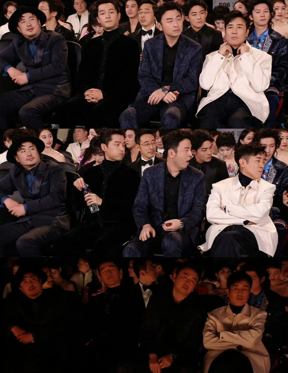 Một trong những khoảnh khắc gây ấn tượng, hài hước nhất trên thảm đỏ sự kiện là nam ca sĩ Caelan Moriarty (2001) mang theo vali để ăn gian chiều cao. Caelan Moriarty từng tham gia show tuyển chọn thần tượng Chuang 2021 do Tencent tổ chức. Ngoài ra, còn có hình ảnh các diễn viên như Thẩm Đằng, Hồ Ca, Lôi Giai Âm, Vu Hòa Vỹ (từ trái sang) thể hiện sự mệt mỏi, buồn ngủ khi theo dõi lễ trao giải.