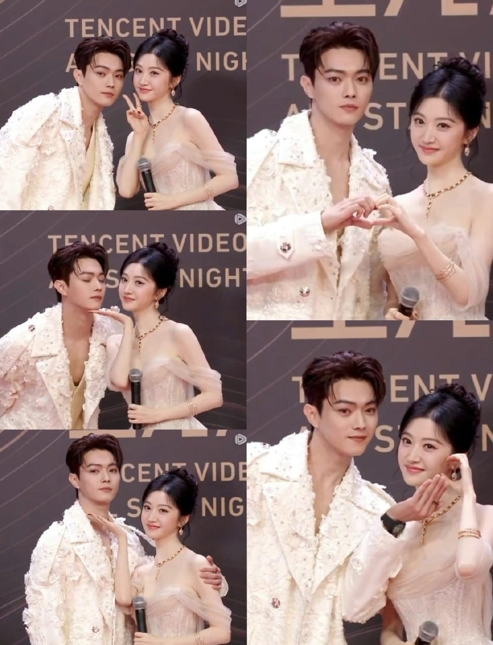 Lâm Duẫn nổi bật với bộ lễ phục màu đỏ. Đệ nhất mỹ nữ Bắc Kinh - Cảnh Điềm sánh đôi bên Hứa Khải. Cả hai đang có bộ phim Lạc du nguyên lên sóng. Tuy thành tích của phim không khả quan, hai nghệ sĩ rất tích cực quảng bá tác phẩm.