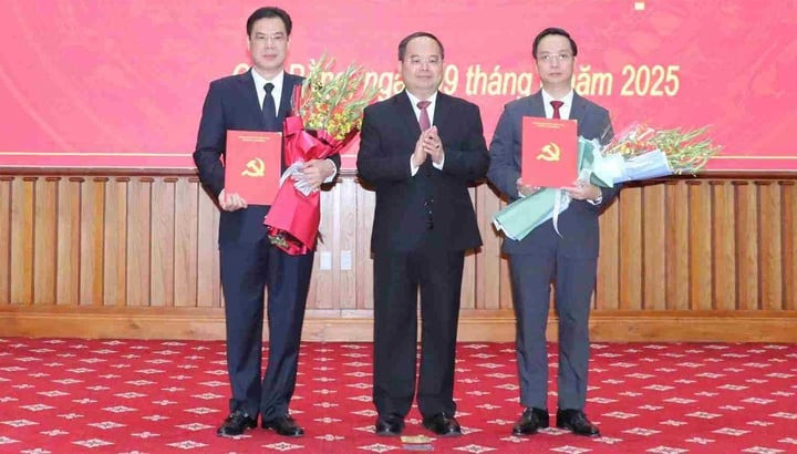 Bí thư Tỉnh ủy Quản Minh Cường trao quyết định và tặng hoa chúc mừng các Phó Bí thư Tỉnh ủy Vũ Hồng Quang (trái) và Lê Hải Hòa.