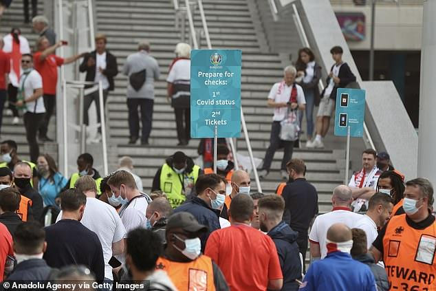 Để vào được sân Wembley mỗi CĐV phải qua hai lớp kiểm tra an ninh bao gồm kiểm soát COVID-19 và kiểm soát vé Để vào được sân Wembley mỗi CĐV phải qua hai lớp kiểm tra an ninh bao gồm kiểm soát COVID-19 và kiểm soát vé