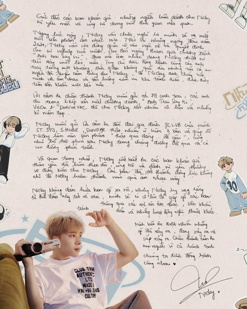 Thư tay NICKY gửi đến người hâm mộ sau 8 năm hoạt động. Thư tay NICKY gửi đến người hâm mộ sau 8 năm hoạt động.