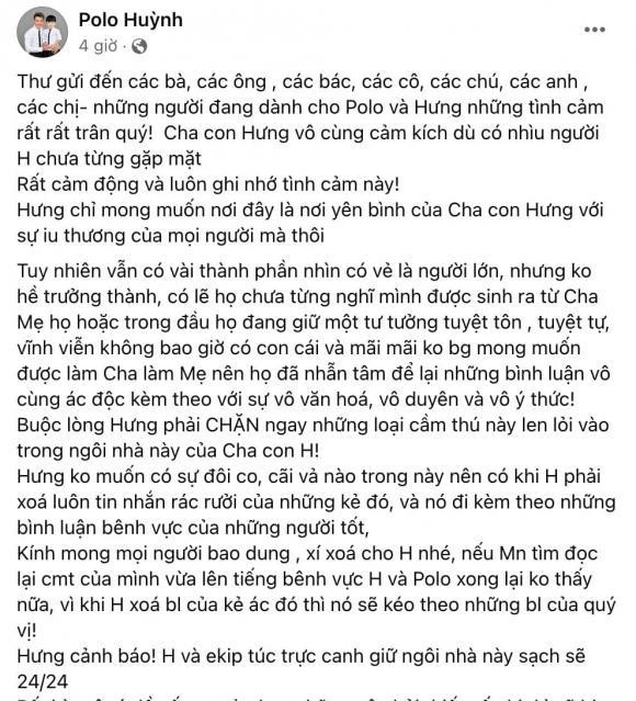 Những dòng chia sẻ của ca sĩ Đàm Vĩnh Hưng được đăng tải trên trang cá nhân của con trai.