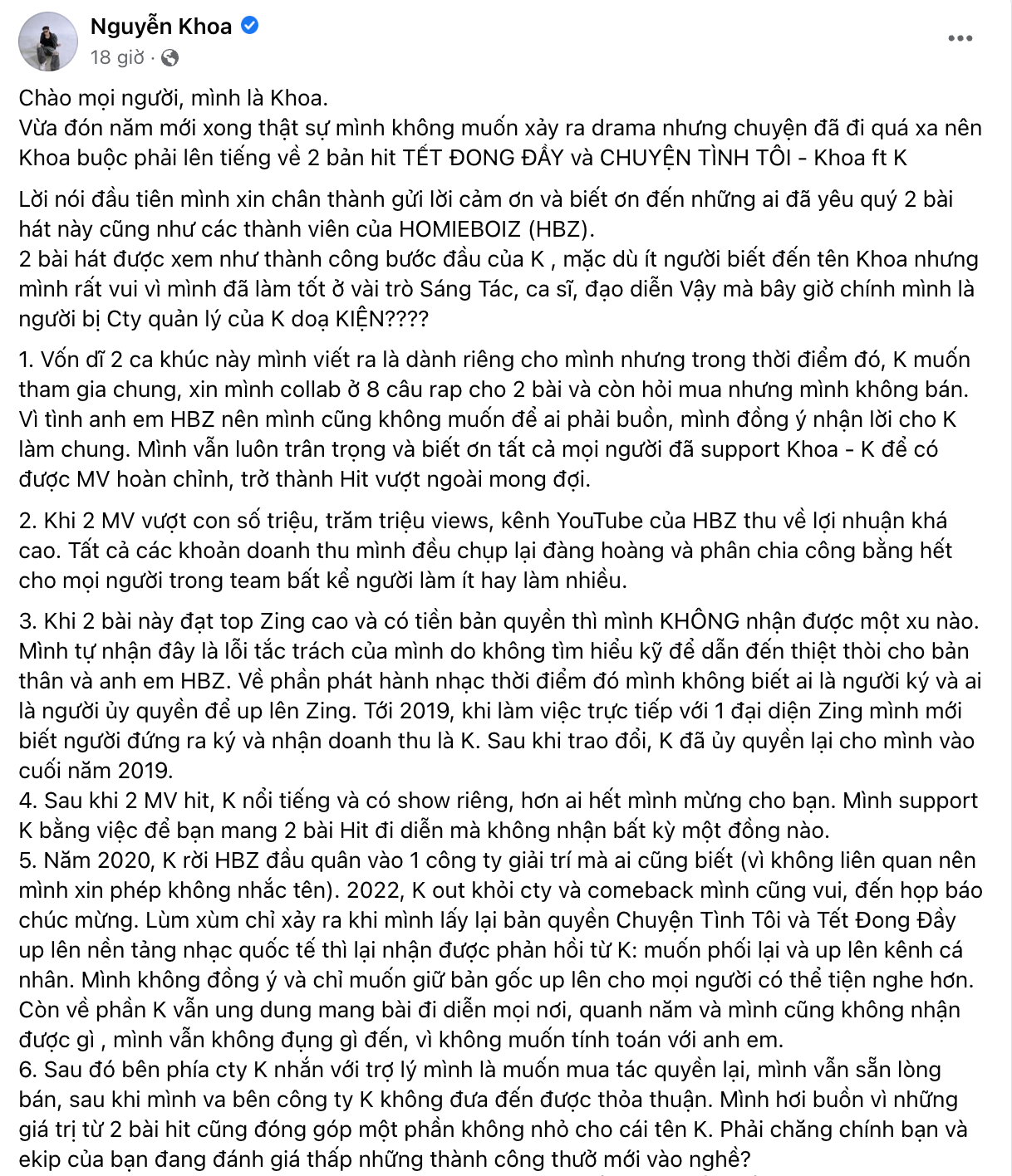 Nguyên văn chia sẻ của Nguyễn Khoa trên trang cá nhân.