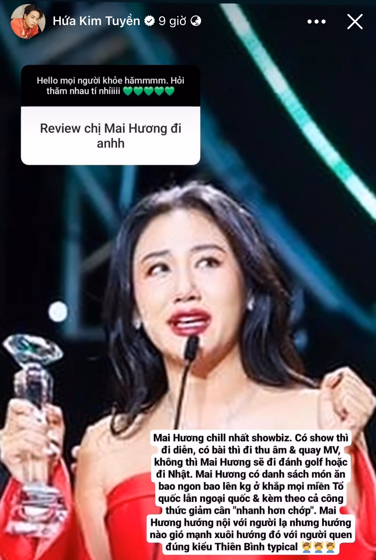 Hứa Kim Tuyền nhấn mạnh tính cách chuẩn Thiên Bình của Văn Mai Hương: Hướng nội với người lạ, "hướng nào gió mạnh xuôi hướng đó" với người quen.