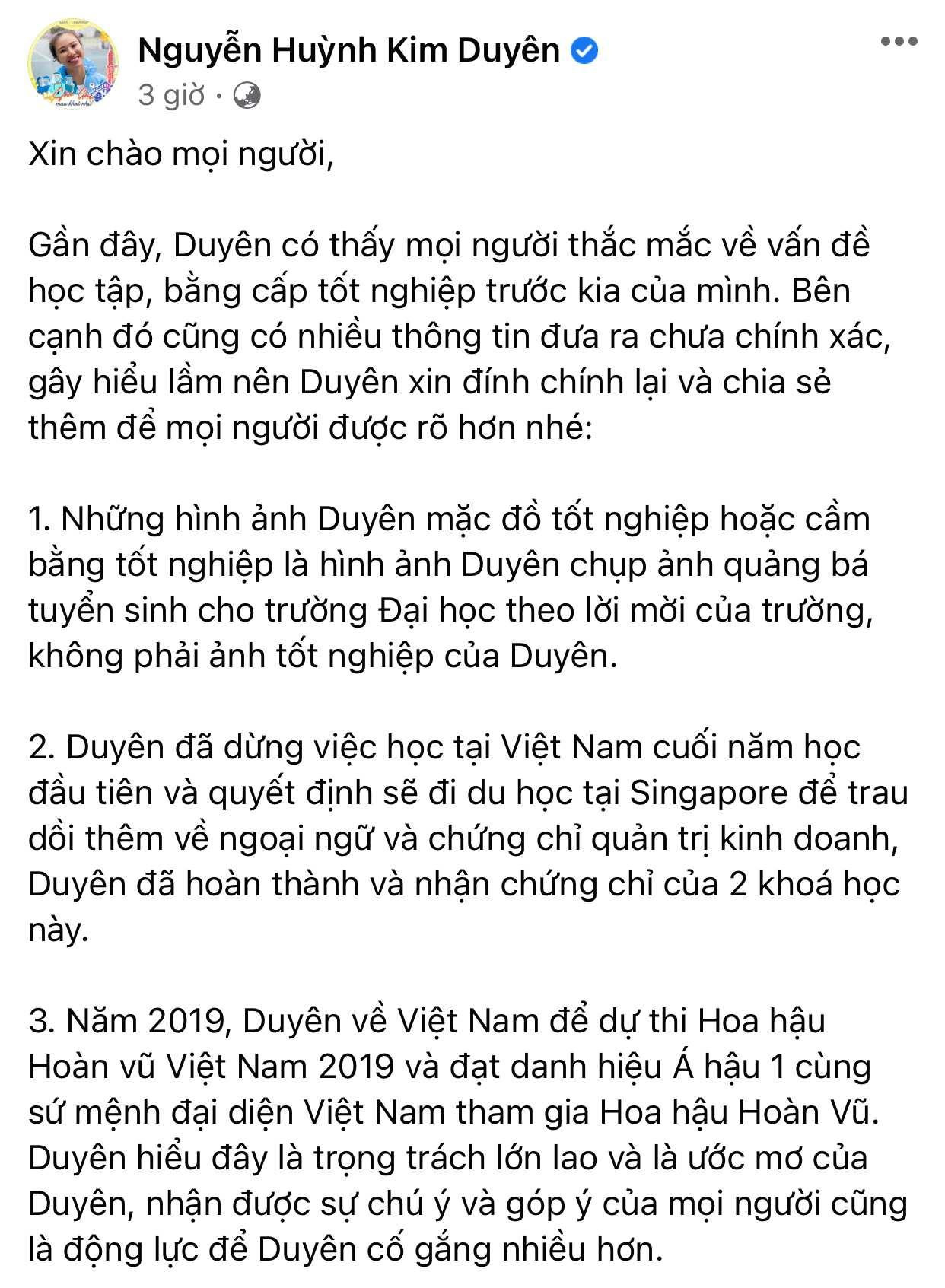 Trước những ồn ào về trình độ học vấn, Kim Duyên đã nhanh chóng trấn an người hâm mộ.