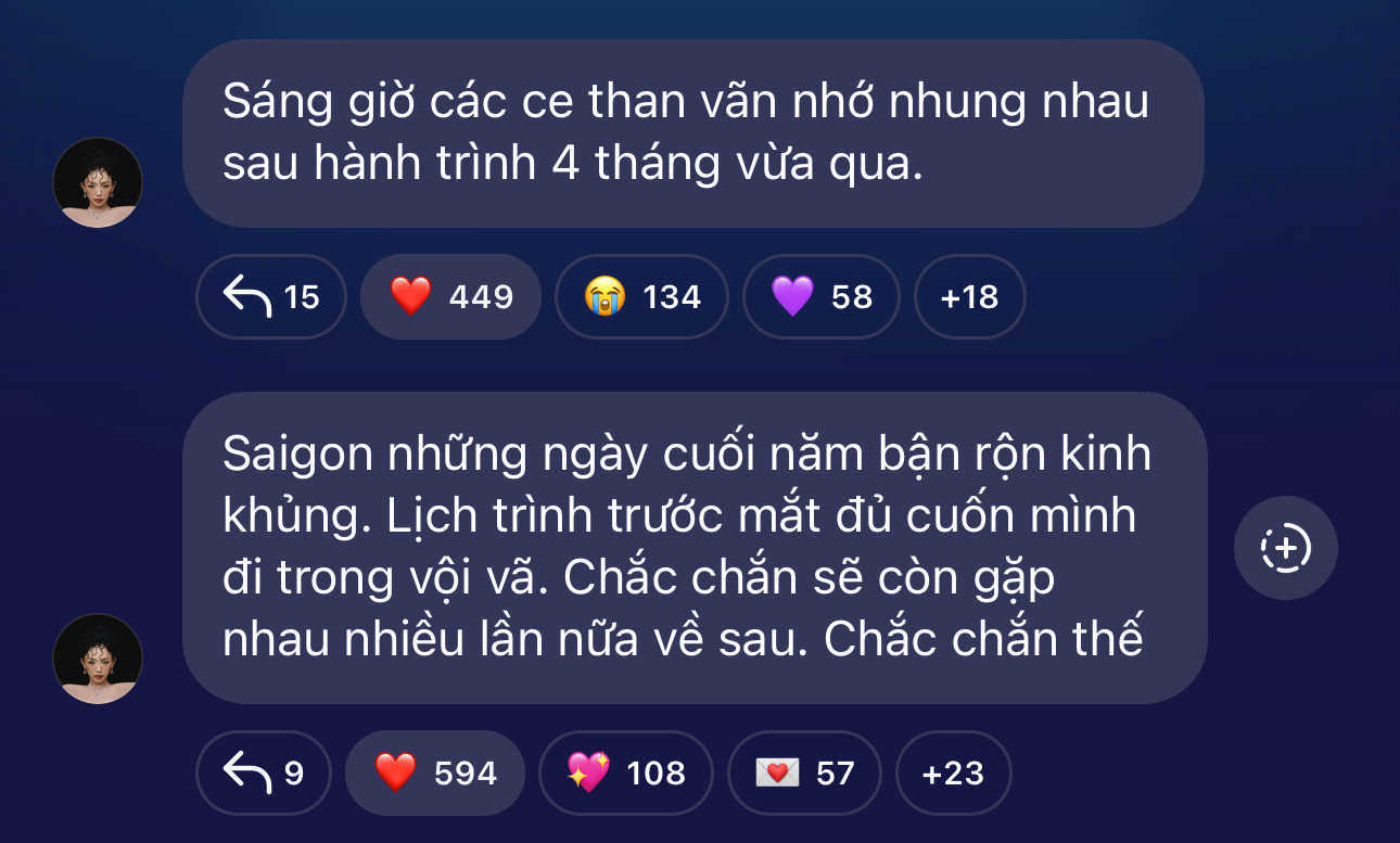 Trong broadcast cá nhân, Tóc Tiên cũng gửi gắm lời hứa "chắc chắn sẽ còn gặp nhau nhiều lần nữa về sau", càng khiến các Gió Em thêm "lụy". Trong broadcast cá nhân, Tóc Tiên cũng gửi gắm lời hứa "chắc chắn sẽ còn gặp nhau nhiều lần nữa về sau", càng khiến các Gió Em thêm "lụy".