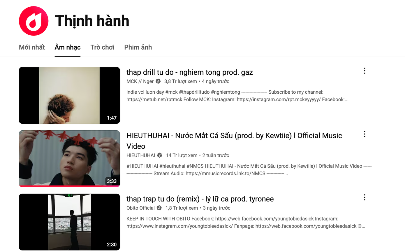 3 thứ hạng cao nhất trên danh mục Âm nhạc Thịnh hành YouTube đều được "chiếm lĩnh" bởi 3 cái tên đình đám nhất nhì hiện nay.