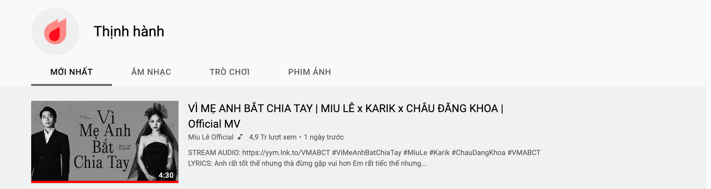 Vì Mẹ Anh Bắt Chia Tay dẫn đầu Top Thịnh hành YouTube Việt Nam.