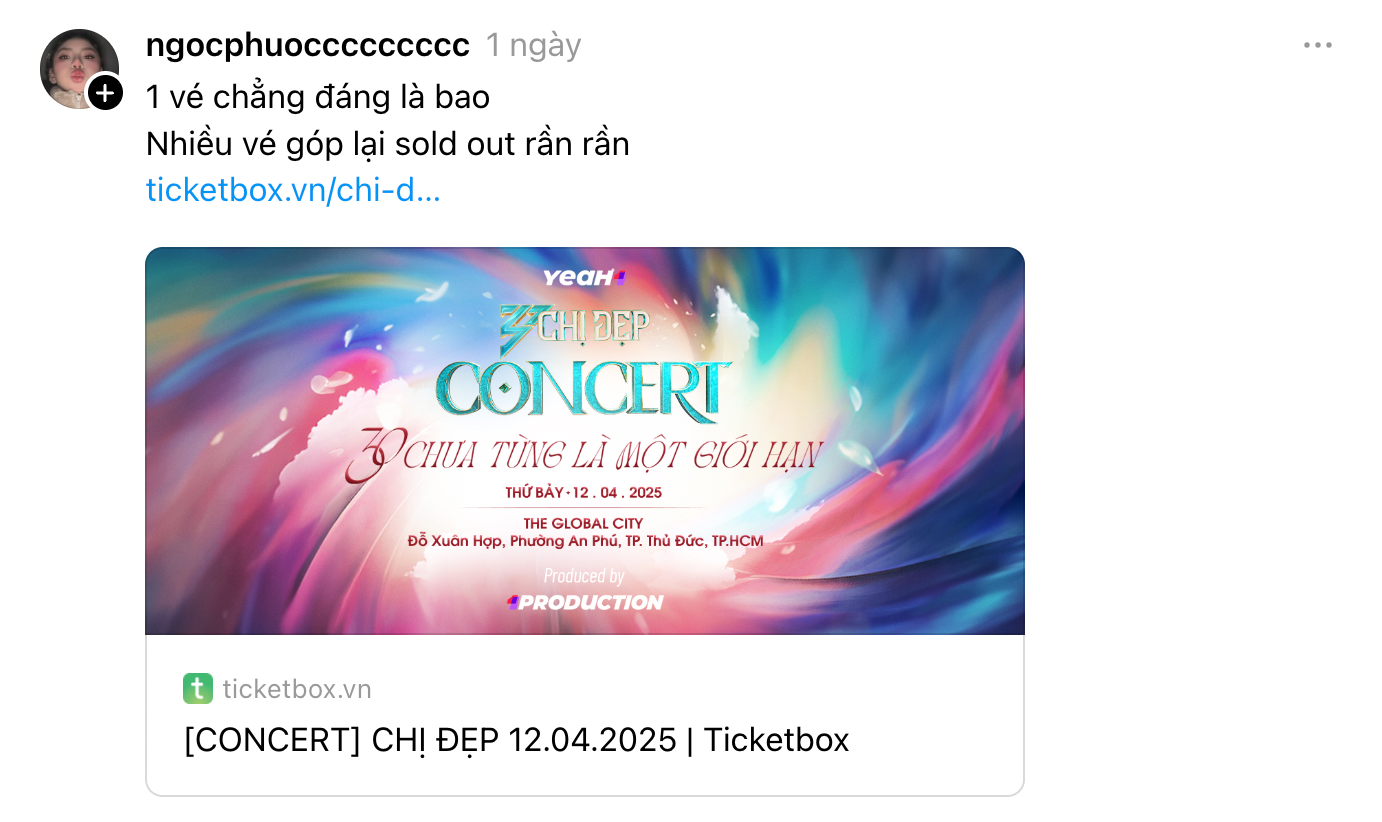 Dàn Chị Đẹp liên tục lan toả về concert trên mạng xã hội để sớm sold-out vé. Dàn Chị Đẹp liên tục lan toả về concert trên mạng xã hội để sớm sold-out vé.