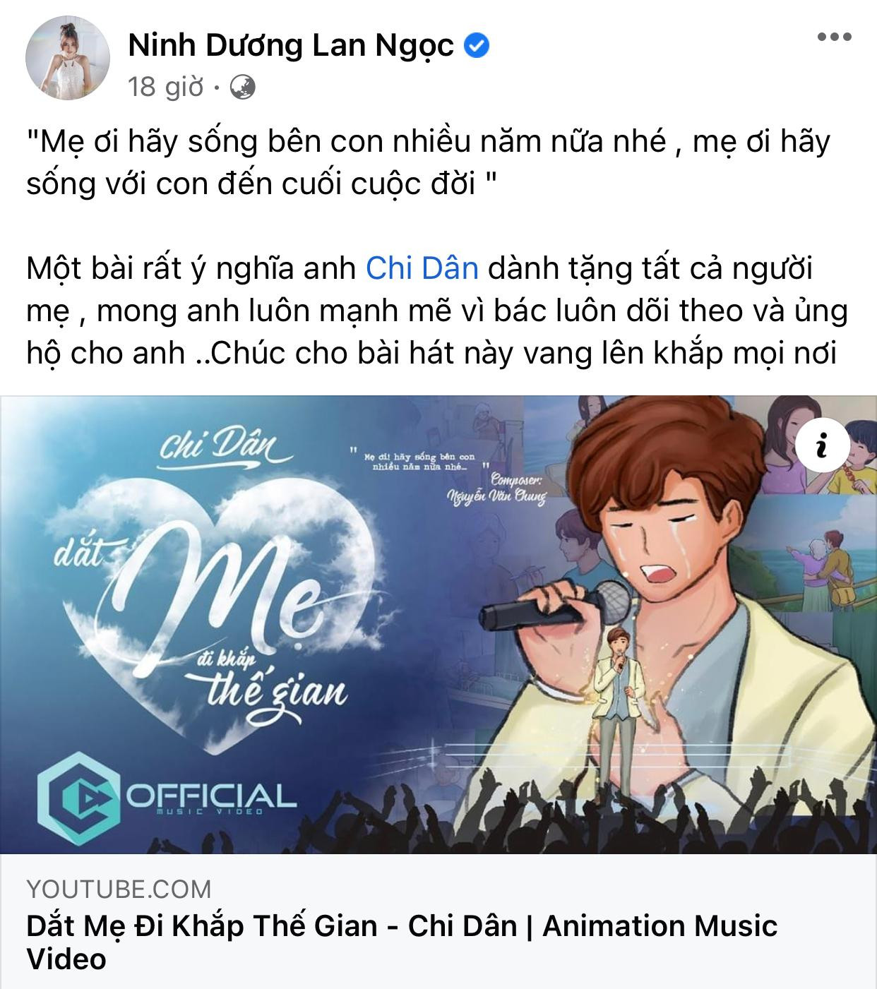 Ninh Dương Lan Ngọc ủng hộ sản phẩm âm nhạc mới của Chi Dân trên trang cá nhân.
