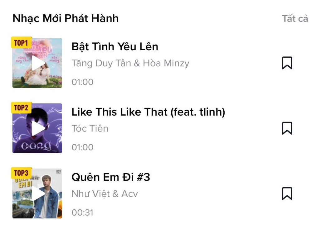 Ca khúc đang dẫn đầu Top Nhạc mới Thịnh hành trên TikTok. Ca khúc đang dẫn đầu Top Nhạc mới Thịnh hành trên TikTok.