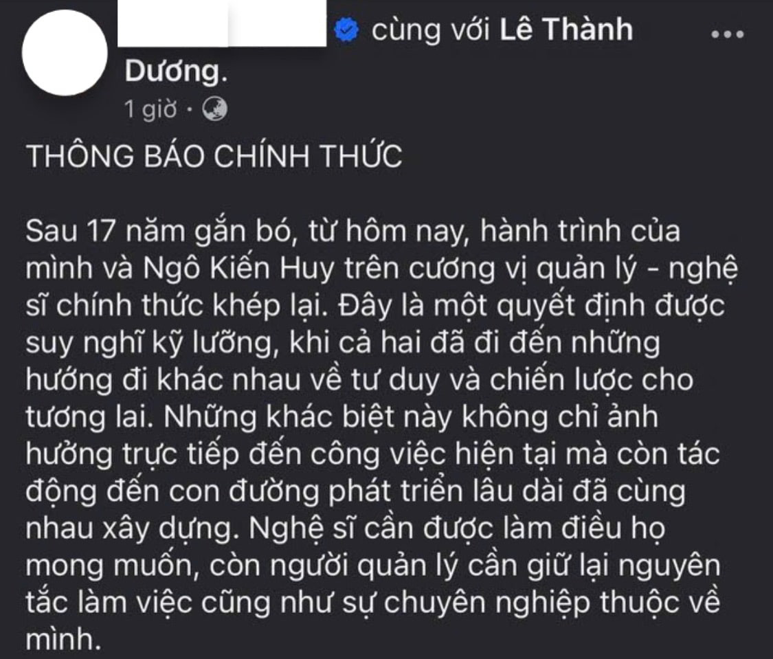 Bài đăng chấm dứt quan hệ với ca sĩ của quản lý Ngô Kiến Huy cho thấy sự chuyên nghiệp.