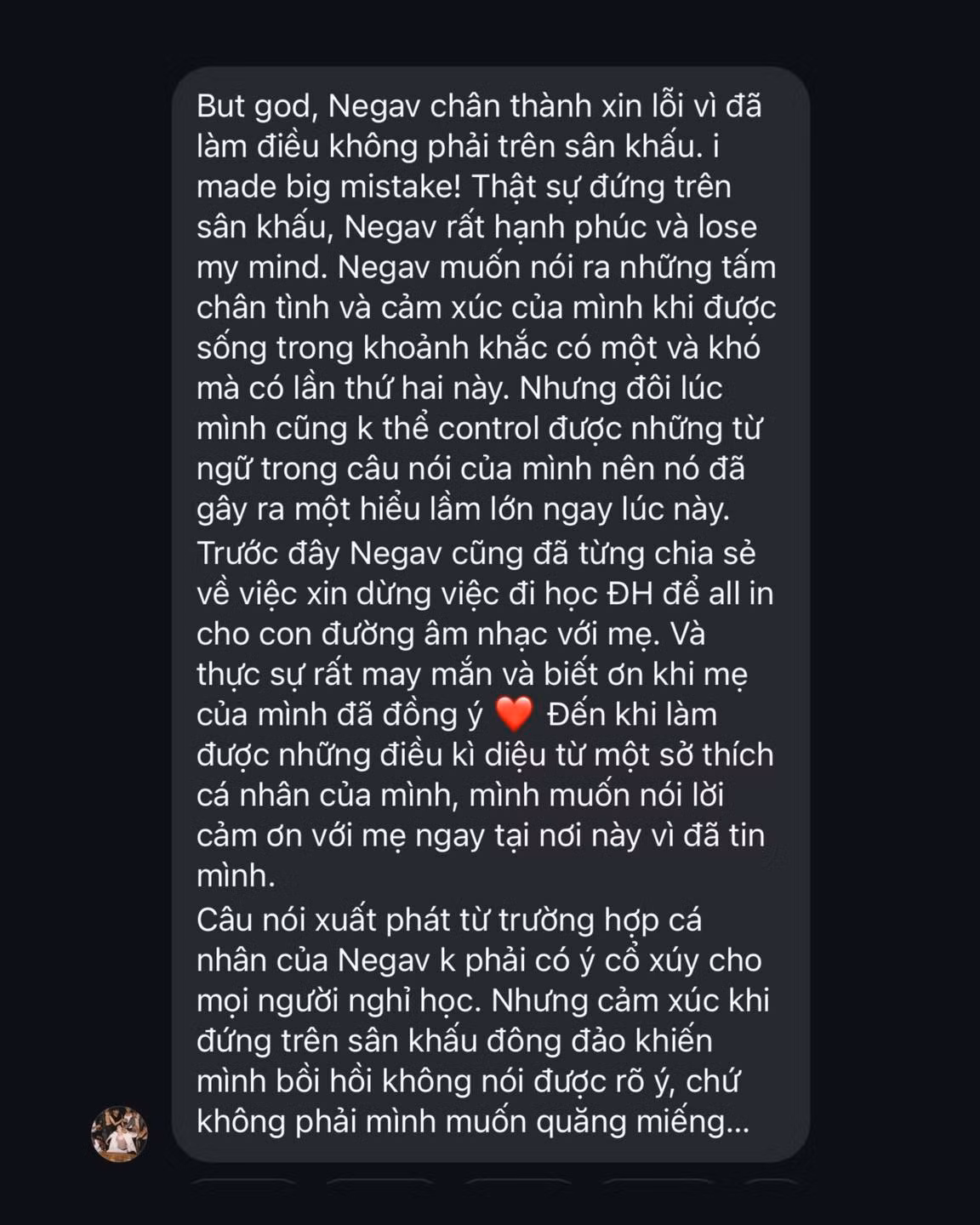 Nam rapper giải thích trong nhóm chat với fan về việc từng chia sẻ với mẹ quyết định dừng học Đại học để tập trung cho con đường âm nhạc.