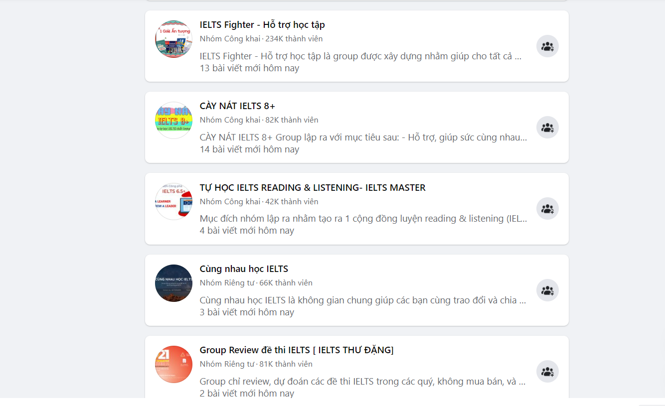 Tìm kiếm từ khóa “IELTS” trên facebook sẽ cho ra hàng loạt các trang nhóm luyện thi Tìm kiếm từ khóa “IELTS” trên facebook sẽ cho ra hàng loạt các trang nhóm luyện thi