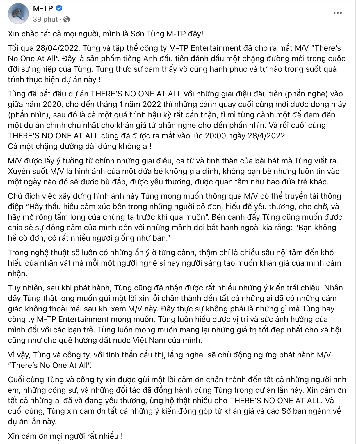 Nguyên văn chia sẻ của Sơn Tùng M-TP.