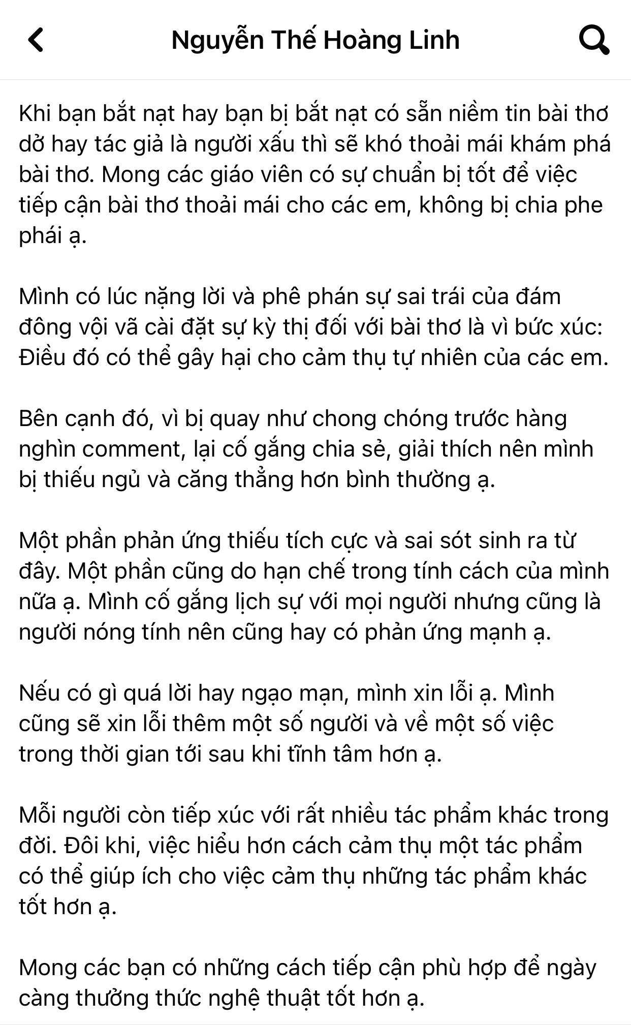 Tác giả Nguyễn Thế Hoàng Linh đăng một bức thư dài xin lỗi gửi đến cộng đồng. Ảnh: FBNV Tác giả Nguyễn Thế Hoàng Linh đăng một bức thư dài xin lỗi gửi đến cộng đồng. Ảnh: FBNV