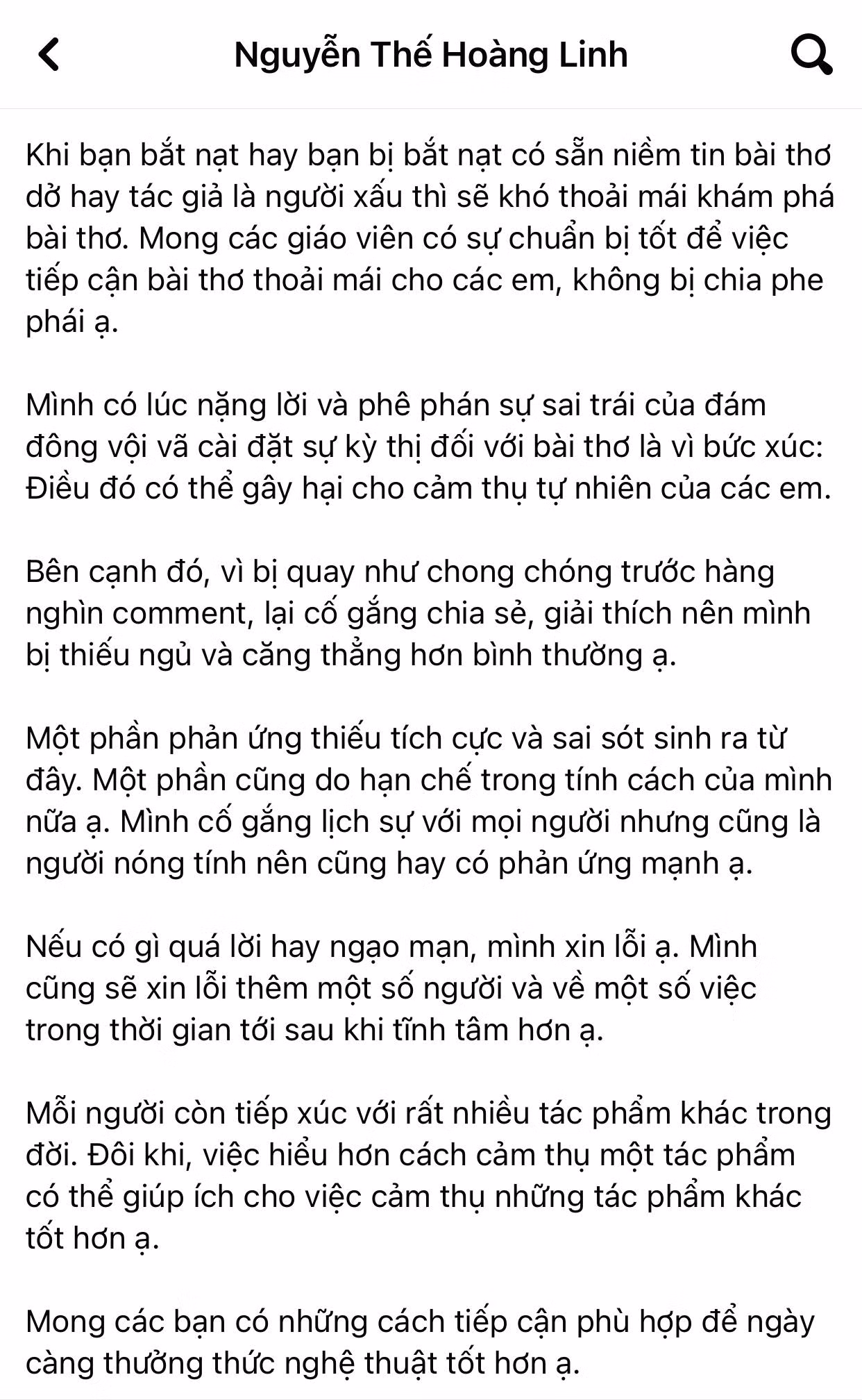 Tác giả Nguyễn Thế Hoàng Linh đăng một bức thư dài xin lỗi gửi đến cộng đồng. Ảnh: FBNV