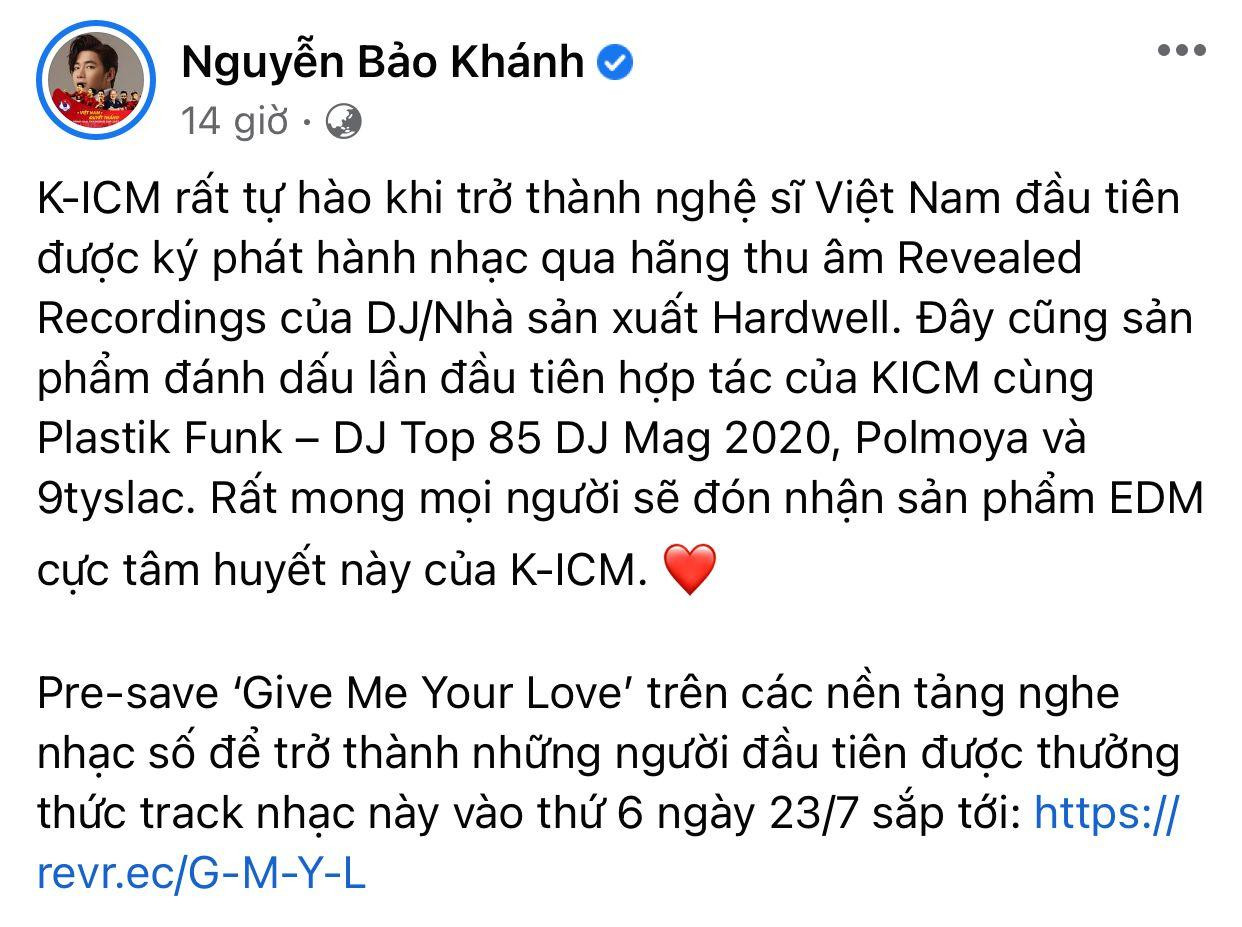 Giữa đêm, K-ICM khiến fan hâm mộ của mình vô cùng phấn khích trước tin vui.