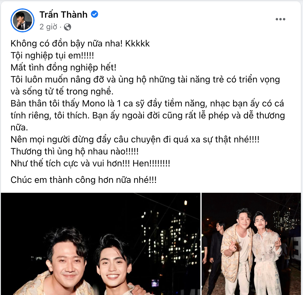 Chi tiết dòng trạng thái của Trấn Thành dành tặng đến MONO.