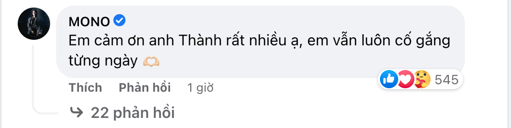 Dưới phần bình luận, MONO cũng đã gửi lời cảm ơn đến nam MC.