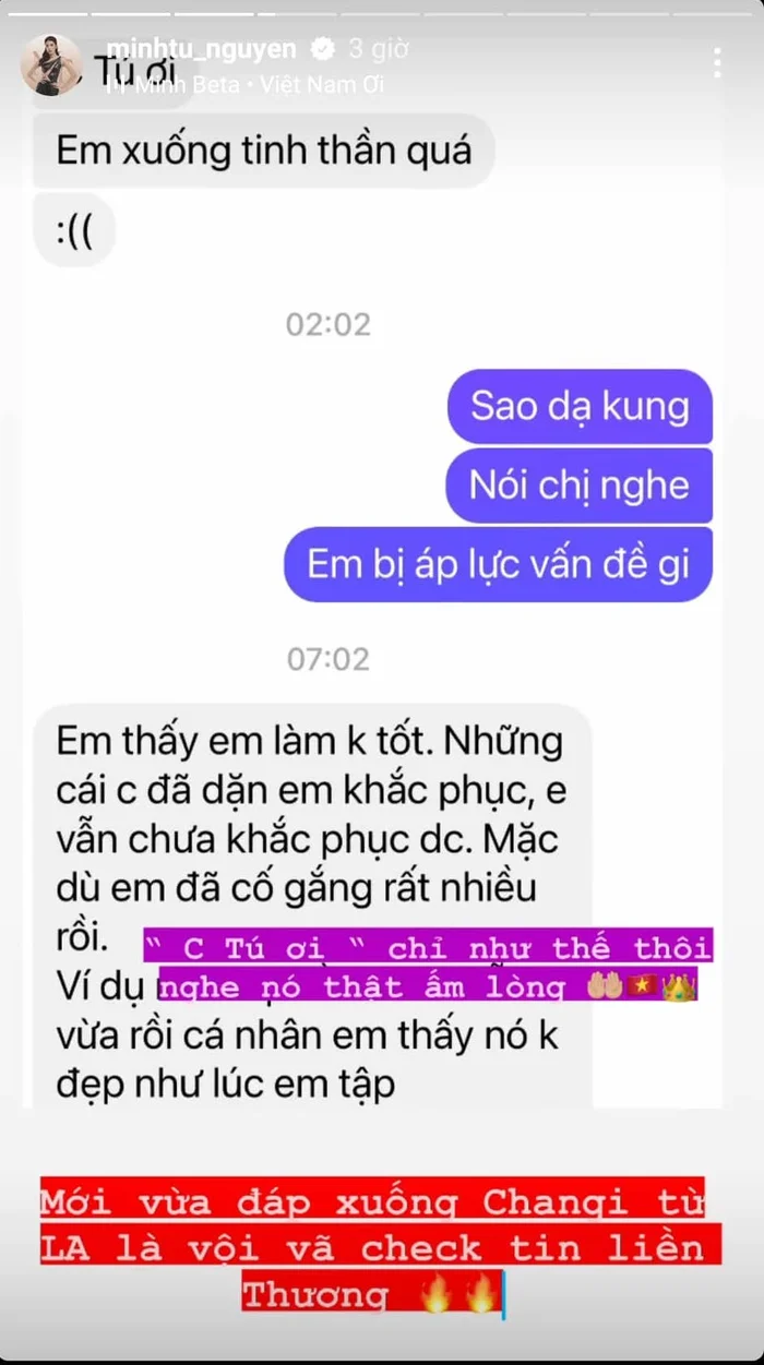 Đoạn hội thoại đầy xót xa giữa Minh Tú và đàn em khiến nhiều người đặt nghi vấn đây là một nàng hậu đang tham gia cuộc thi nhan sắc quốc tế.