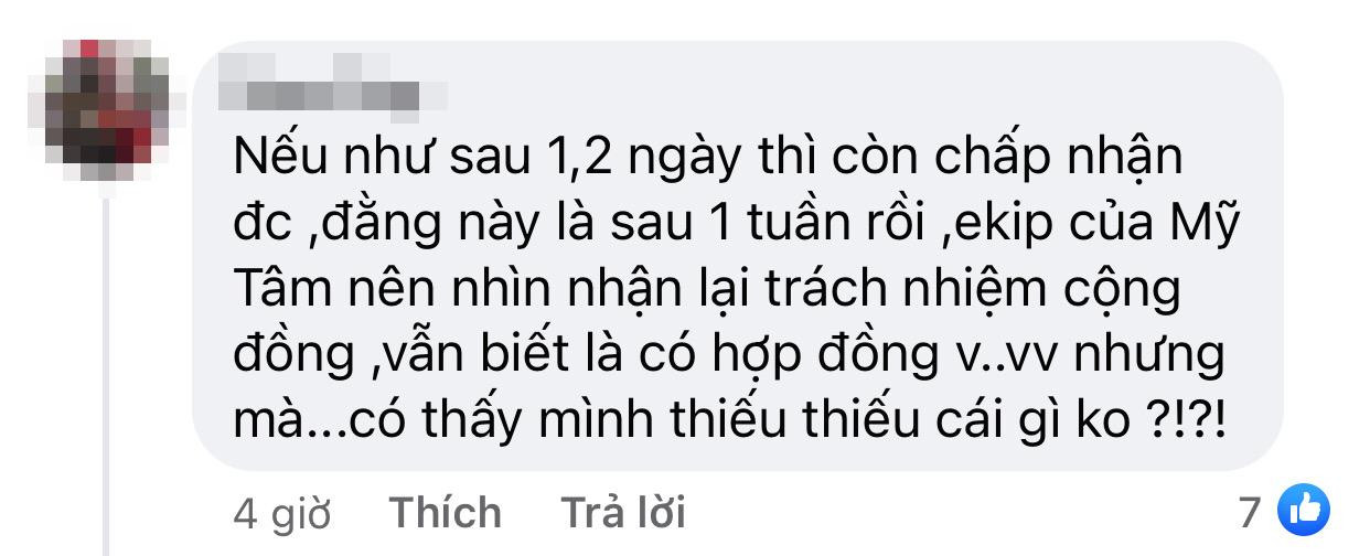 Một số netizen thể hiện sự thất vọng và cho rằng ê-kíp Mỹ Tâm thiếu trách nhiệm cộng đồng.