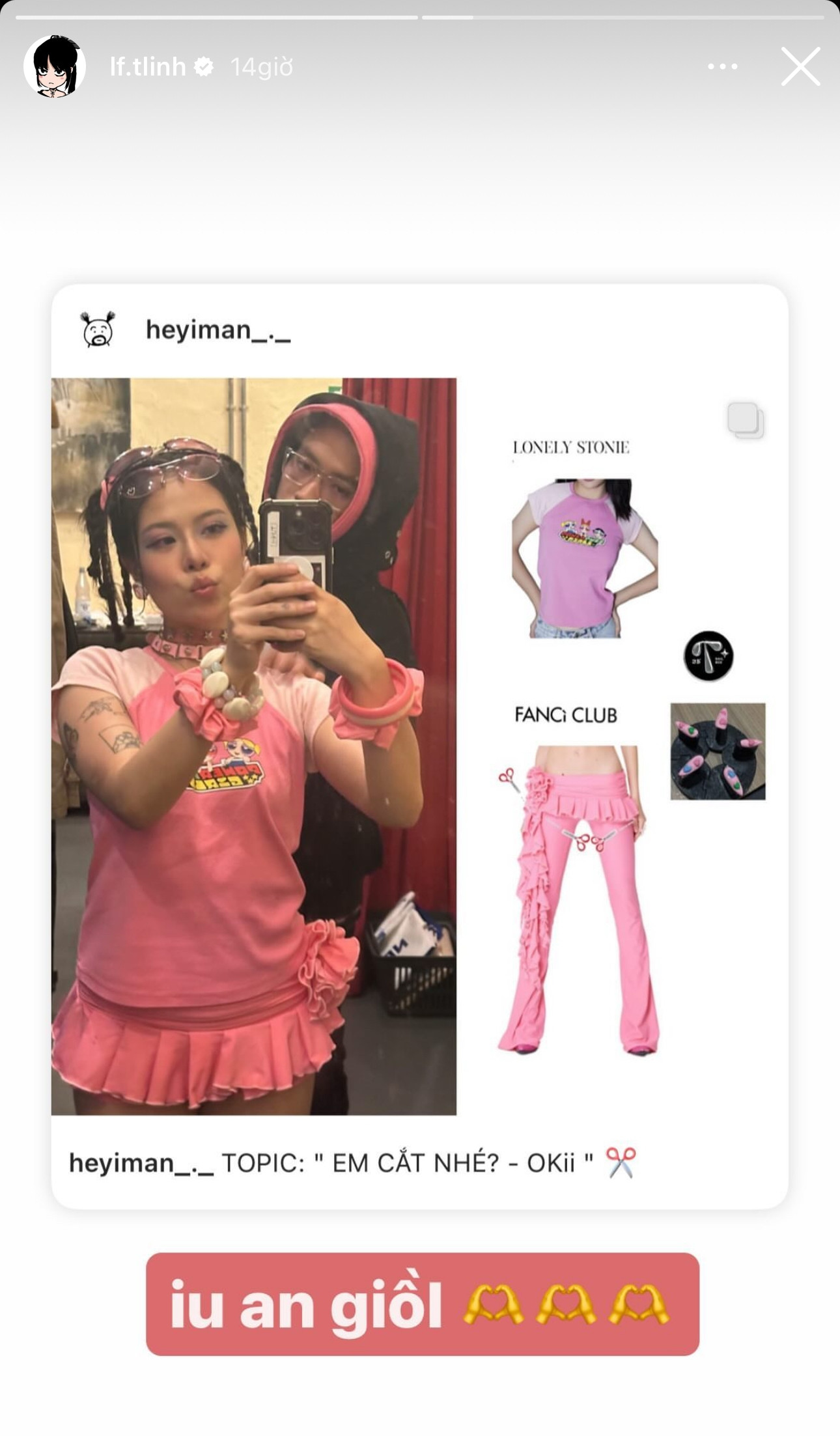 Ban đầu là chiếc quần dài ôm ống loe nhưng tlinh được cho là đã cắt ngắn. Ban đầu là chiếc quần dài ôm ống loe nhưng tlinh được cho là đã cắt ngắn.