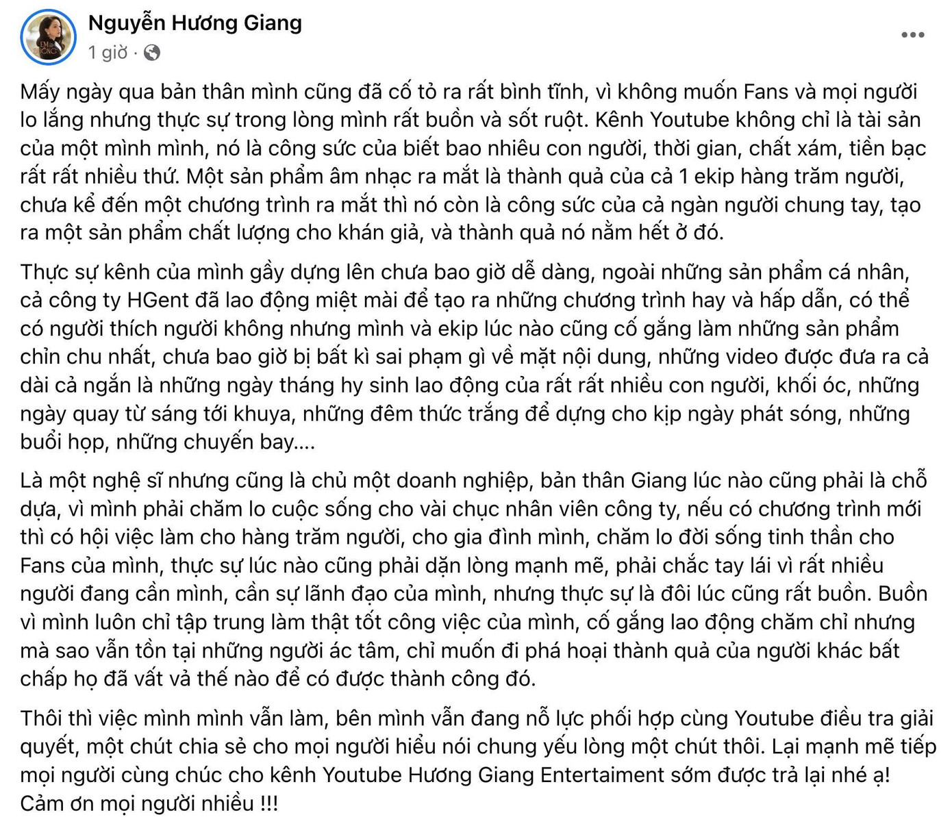 Nguyên văn chia sẻ của Hương Giang sau sự cố. Nguyên văn chia sẻ của Hương Giang sau sự cố.